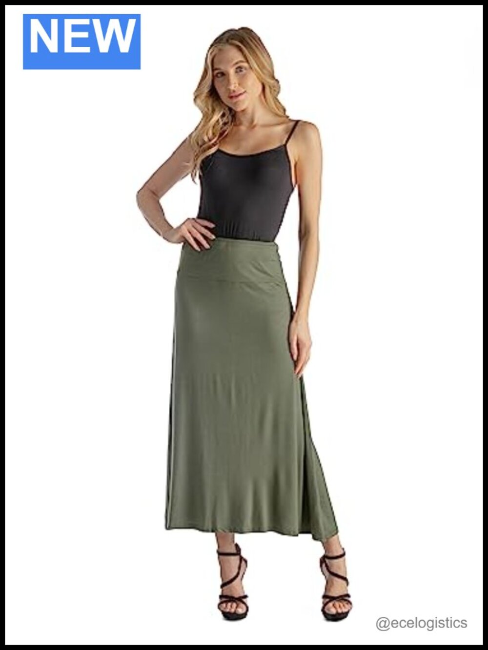 Soft Knit Long Maxi Skirt Elastic Waist A-Line Ankle Length